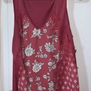 red v cut tank top with lace and floral print